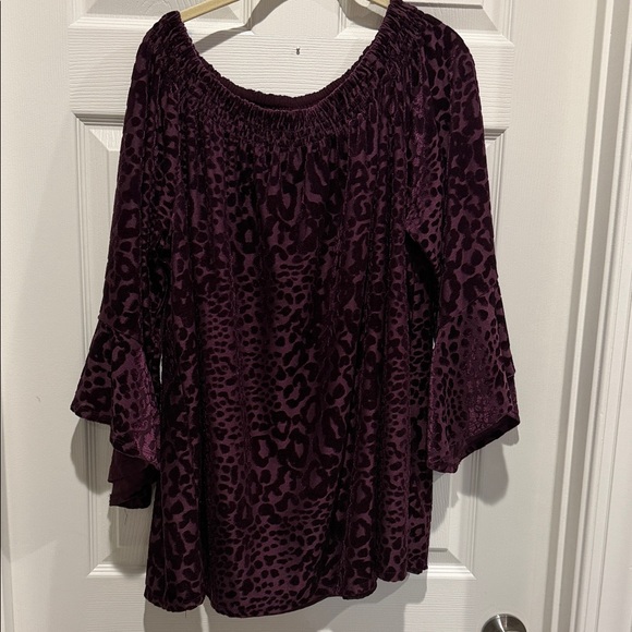 Belle by Kim Gravel Tops - Belle by Kim Gravel Burgundy burn out velvet Animal Print Blouse